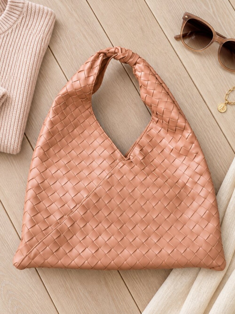 ✨ Moda Luxe Dusty Rose Woven Faux Leather Slouchy Hobo Bag - Knotted Handle✨